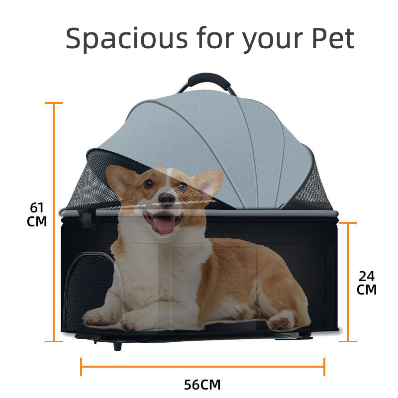 pet stroller with a detachable carrier and breathable mesh canopy, showcasing its foldable design for compact storage and portability.