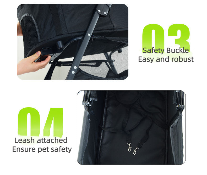 pet stroller with a detachable carrier and breathable mesh canopy, showcasing its foldable design for compact storage and portability.