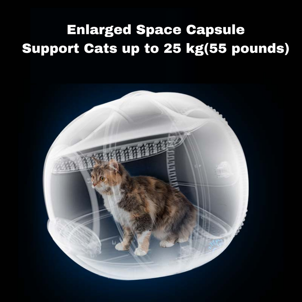 A cat inside an enlarged space capsule design of a cat litter box, demonstrating the product's capacity. It is advertised to support cats up to 25 kg (55 pounds), emphasizing the spaciousness and comfort of the litter box