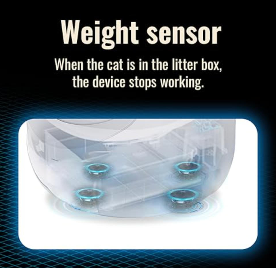 Illustration of the weight sensor technology in a cat litter box, emphasizing safety. The text 'Weight sensor - when the cat is in the litter box, the device stops working' explains the feature. A graphic representation of the litter box's sensors is also displayed