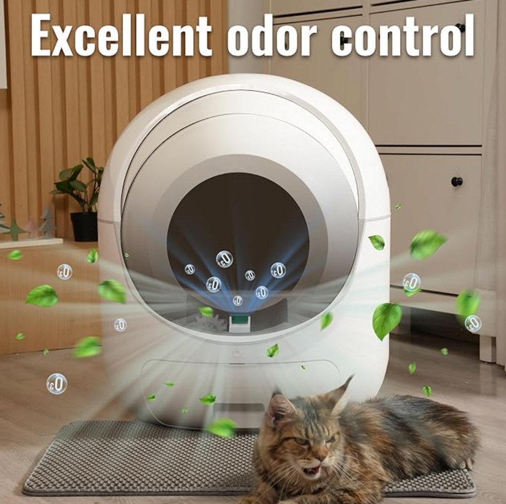 An image of the cat litter box showcasing its excellent odor control capabilities. Leaves graphics depict the deodorizing function, and a cat is comfortably situated beside the box, illustrating a pleasant environment