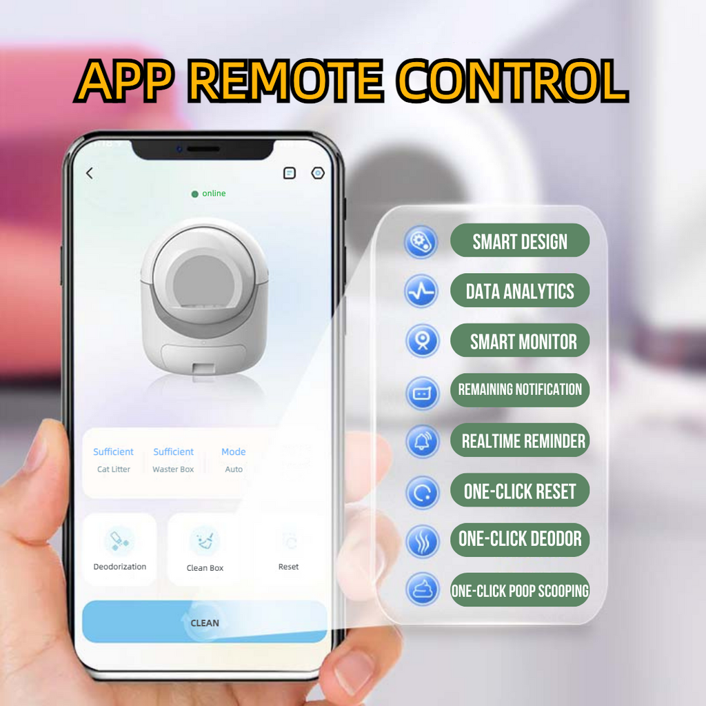An app screen displaying the remote control interface for a smart cat litter box. Features such as 'SMART DESIGN', 'DATA ANALYTICS', and 'REALTIME REMINDER' are highlighted. The hand of a user is shown interacting with the app, emphasizing the convenience of the product