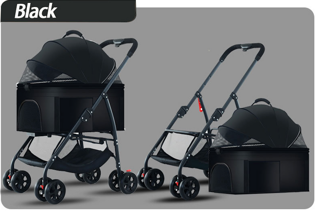 pet stroller with a detachable carrier and breathable mesh canopy, showcasing its foldable design for compact storage and portability.