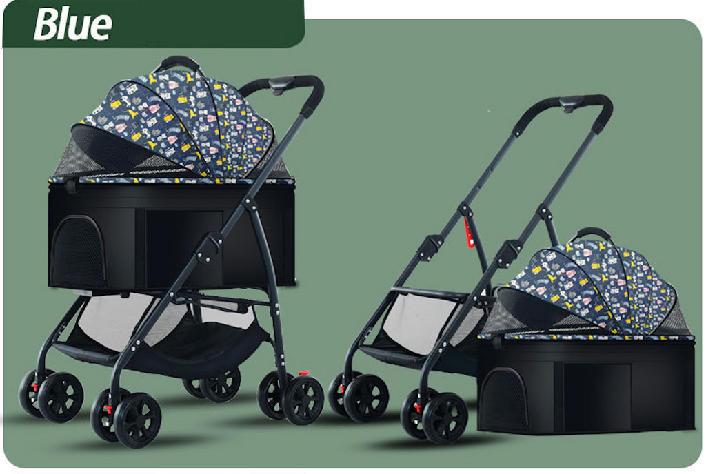 pet stroller with a detachable carrier and breathable mesh canopy, showcasing its foldable design for compact storage and portability.