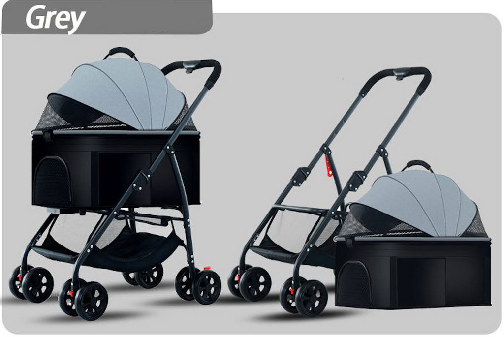 pet stroller with a detachable carrier and breathable mesh canopy, showcasing its foldable design for compact storage and portability.