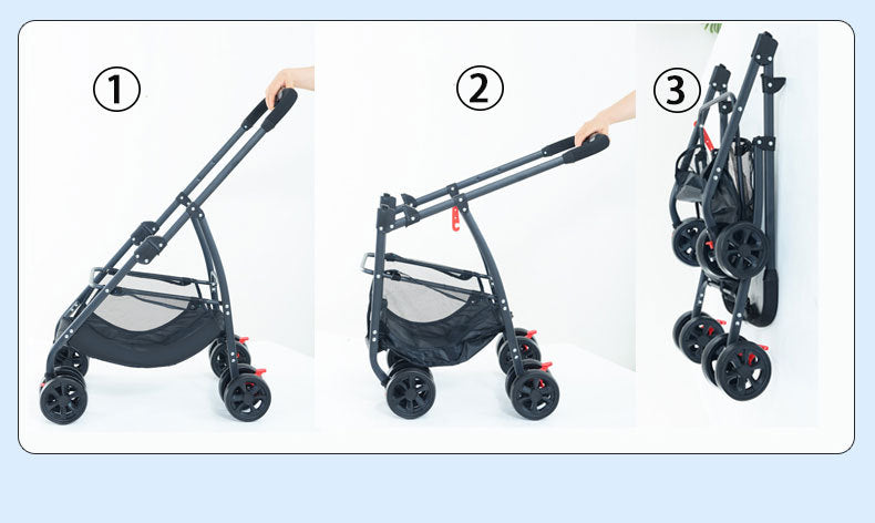 pet stroller with a detachable carrier and breathable mesh canopy, showcasing its foldable design for compact storage and portability.