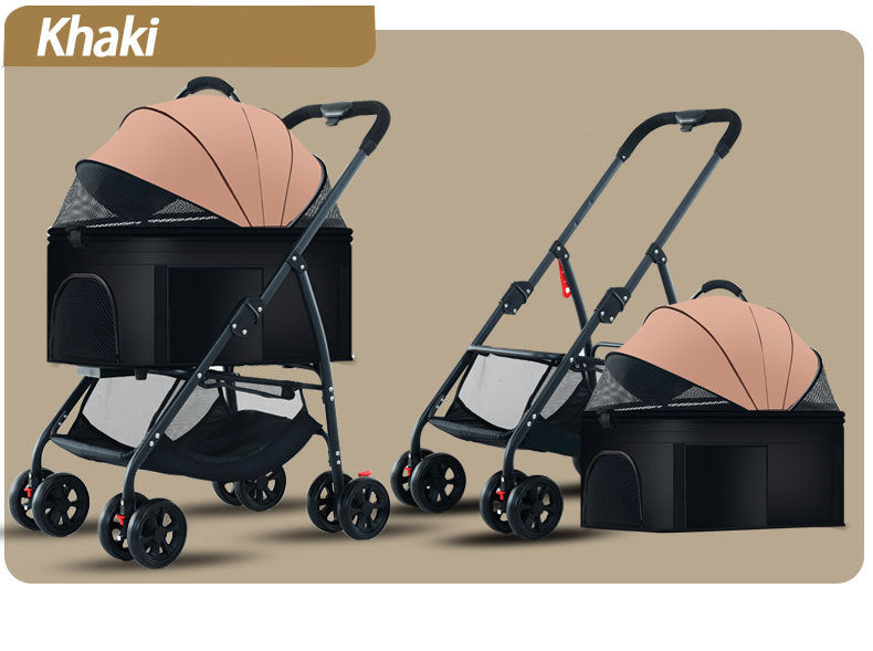 pet stroller with a detachable carrier and breathable mesh canopy, showcasing its foldable design for compact storage and portability.