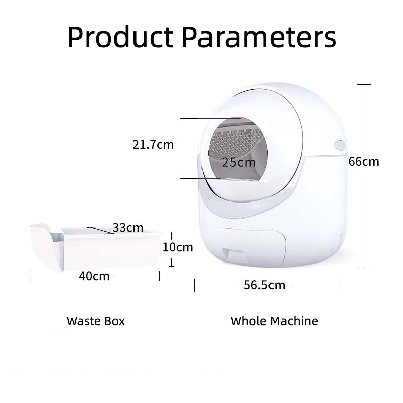 Technical diagram showing the dimensions of the cat litter box, with labels for 'Waste Box' and 'Whole Machine'. Measurements are clearly indicated, providing a detailed view of the product's size and structure