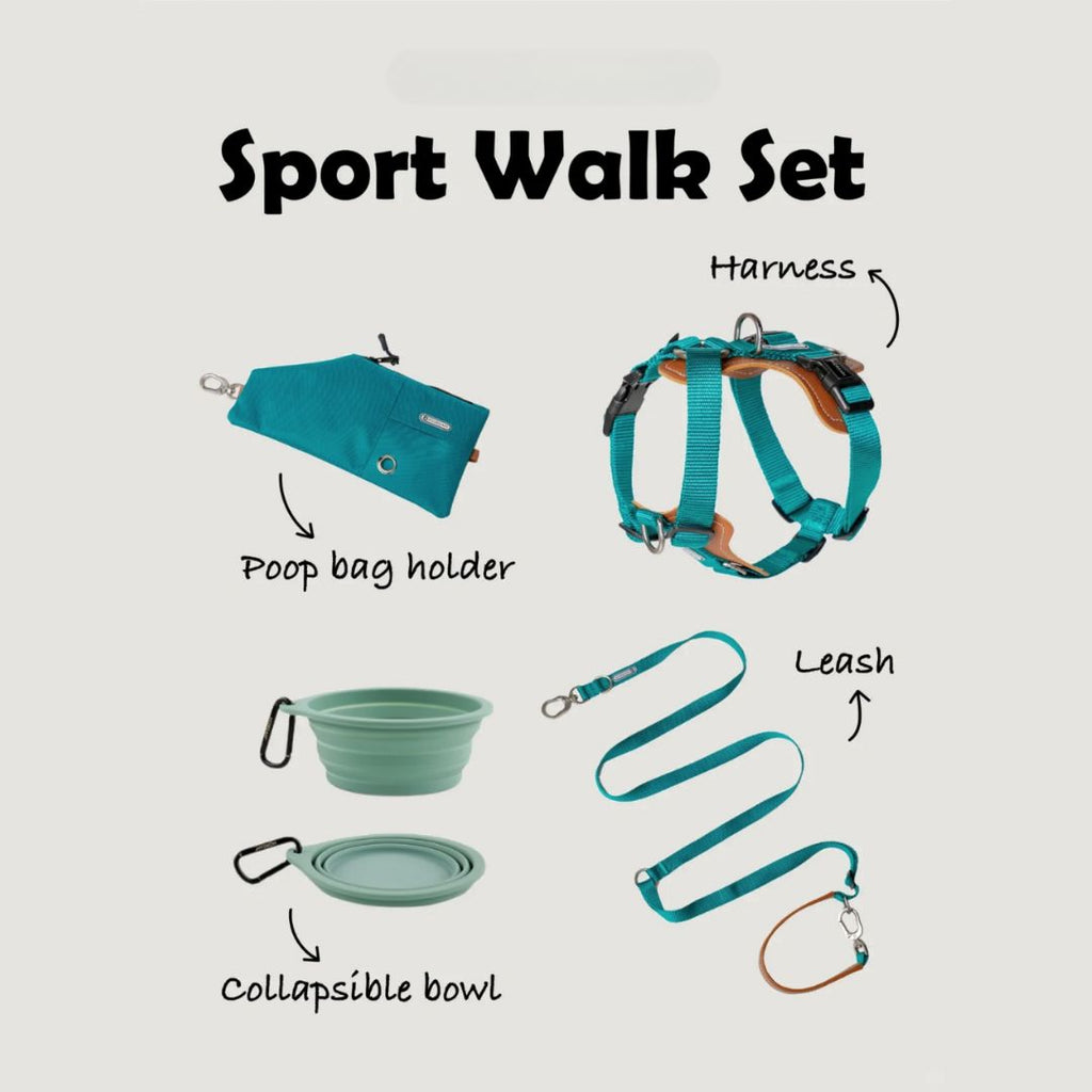 A green 'Sport Walk Set' for dogs featuring a labeled image of a matching set: an adjustable harness with leather accents, a poop bag holder, a sturdy leash with a clip, and a collapsible silicone bowl, all in a cohesive green color scheme.