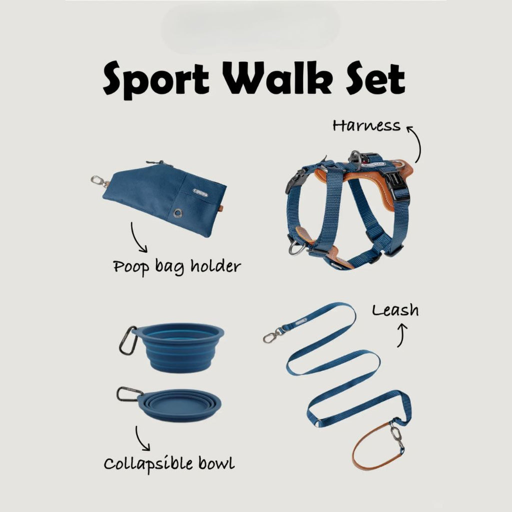 A blue 'Sport Walk Set' for dogs featuring a labeled image of a matching set: an adjustable harness with leather accents, a poop bag holder, a sturdy leash with a clip, and a collapsible silicone bowl, all in a cohesive blue color scheme.