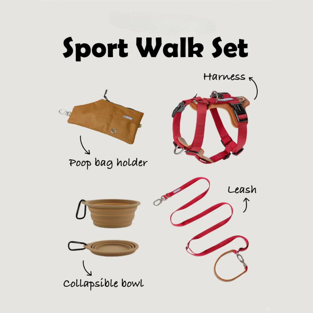 A Red 'Sport Walk Set' for dogs featuring a labeled image of a matching set: an adjustable harness with leather accents, a poop bag holder, a sturdy leash with a clip, and a collapsible silicone bowl, all in a cohesive red color scheme.