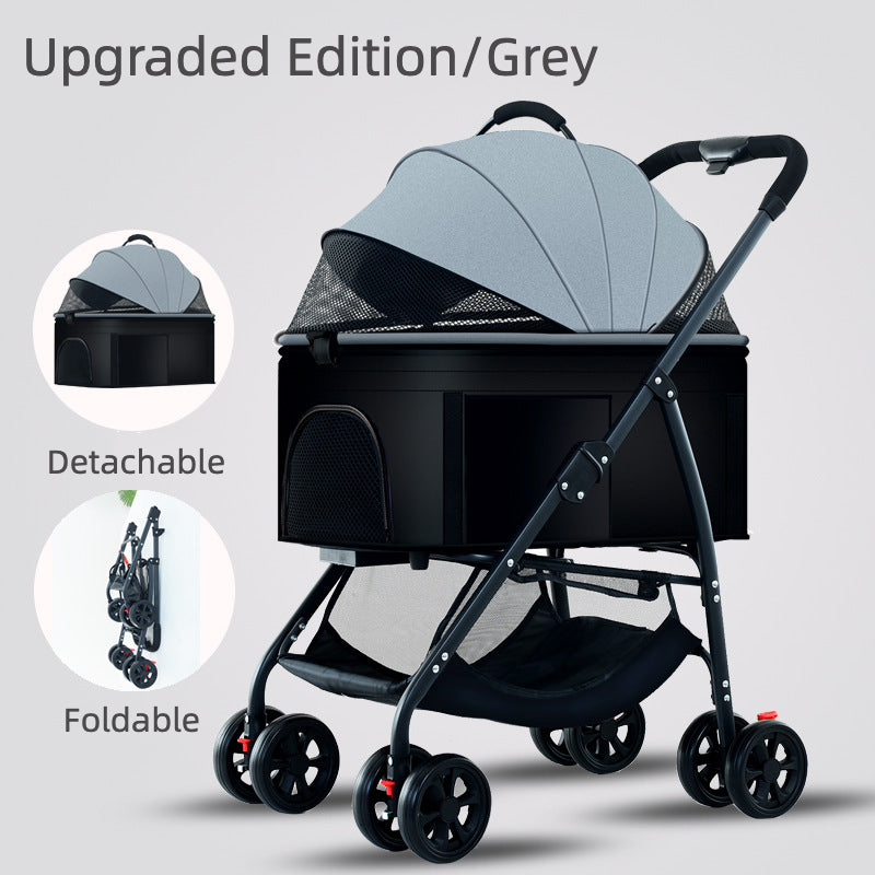 pet stroller with a detachable carrier and breathable mesh canopy, showcasing its foldable design for compact storage and portability.